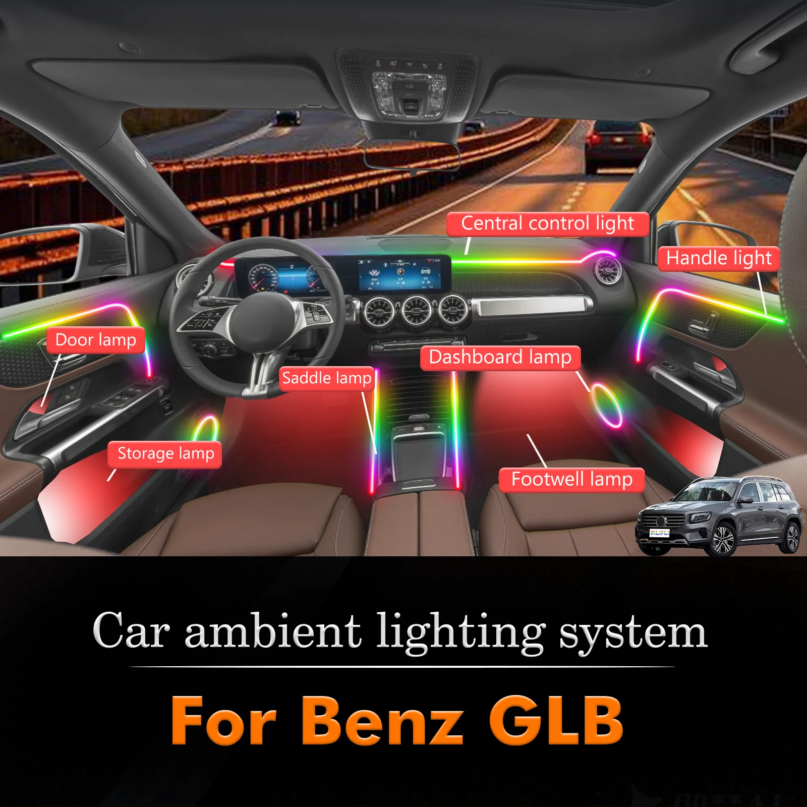 

For Benz GLB Car Interior Decorative Ambient Light RGB 64-Color LED Smart Remote Control Energy Saving Kit