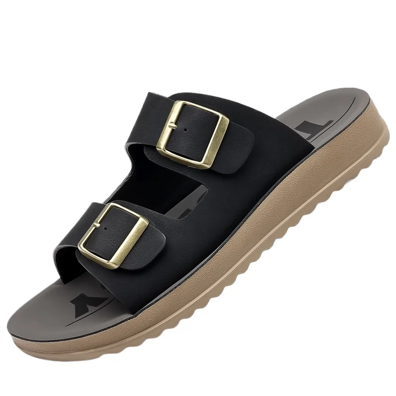 ダブルバックルデザイナーレザースリッパ男性の夏の新人デザイナーフラットスリッパ靴男性ファッションカジュアルフリップフロップ男