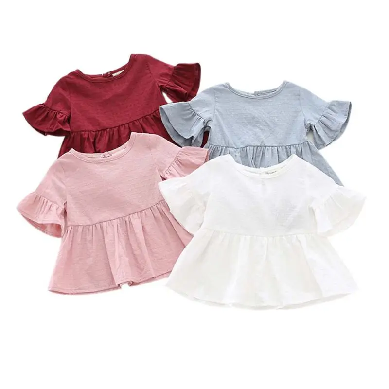 Summer Children Girls Shirts Dresses Cute Cotton Short Sleeved Ruffled Solid Color Baby Blouse Fashion Infant Clothes 9-48M