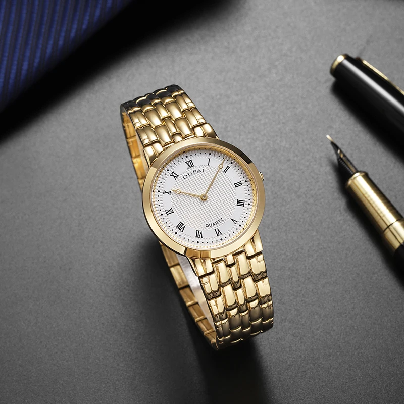 OUPAI 2025 New Arrival Old Fashion Roman Dial Ultra Thin Gold Business Wristwatch Quartz Elegant Waterproof Watch Man