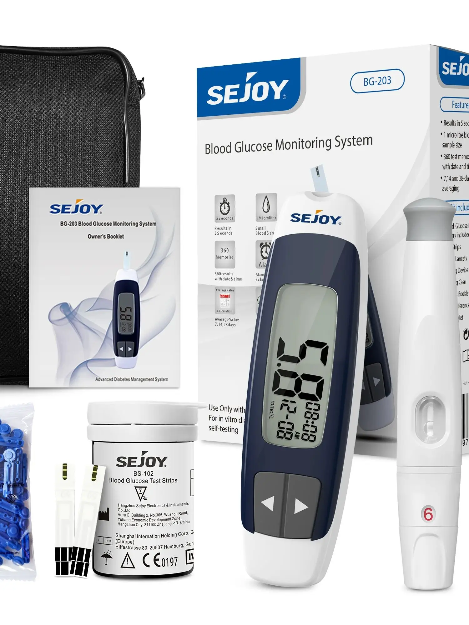 Sejoy Blutzuckermessgerät-Set Diabetes-Testkit Diabetes-Lanzetten-Maschine Glukometer mit 50 Teststreifen Lanzetten Blutzuckermessgerät