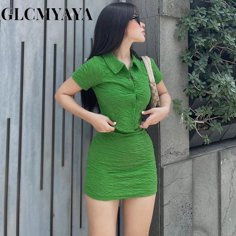 

GLCMYAYA Streetwear Button Cardigan Turn-down Collar Short T-shirt Dress Sets 2023 Women Summer Fashion Slim Skirts 2 Piece Set