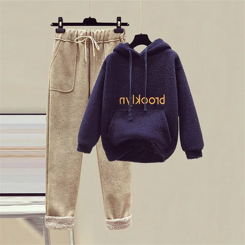 2023 Winter New Plush Thickened Hoodie Fashion Wool Pants Two Piece Fashion Female Student Pants Set Winter Warm Outfits