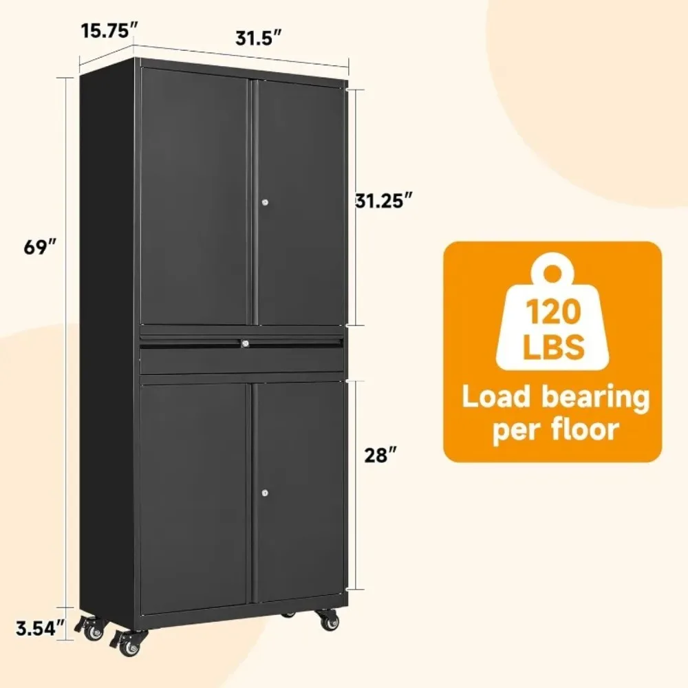 خزائن تخزين جراج معدنية مع درج، خزانة تخزين أدوات 4 أبواب مع رفين قابلين للتعديل، (أسود، 4 عجلات - 72 ساعة) جديد