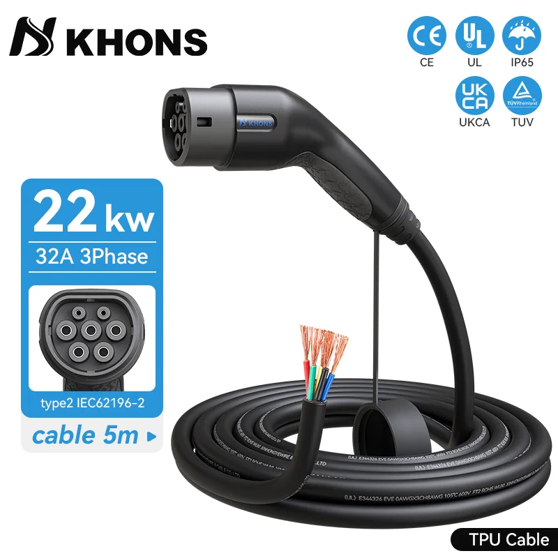 Khons EV Charger Type2 femmina lato auto 5m cavo 32A 22KW stazione di ricarica per auto 3 fasi 11KW 22KW IEC62196-2 per auto elettrica