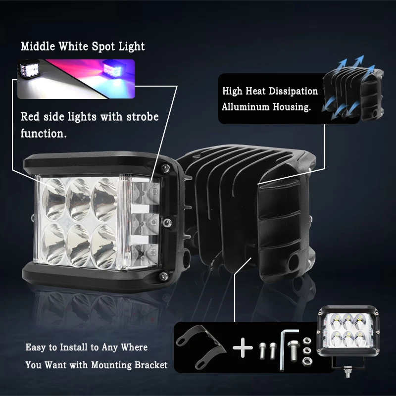 4Inch LED Work Light  60W Side Shooter Pods Combo Off Road Strobe Light with 6 Modes Memory Function for Car 4x4 Truck ATV Boat