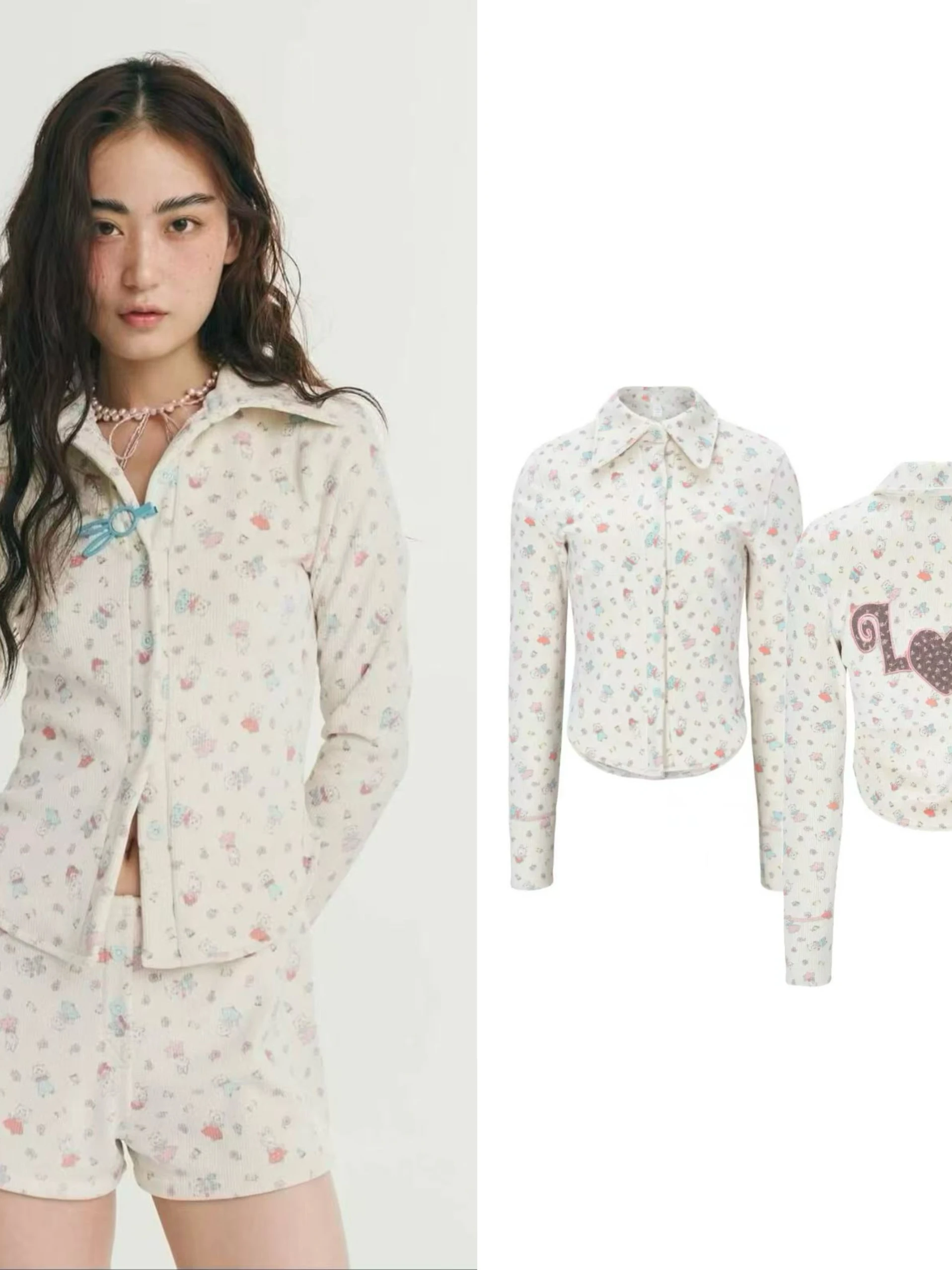 

Cute Cartoon Print Embroidery Slim Fit Long Sve irt Collared Top Women's Faion Spring 2025 Non-deformable Material