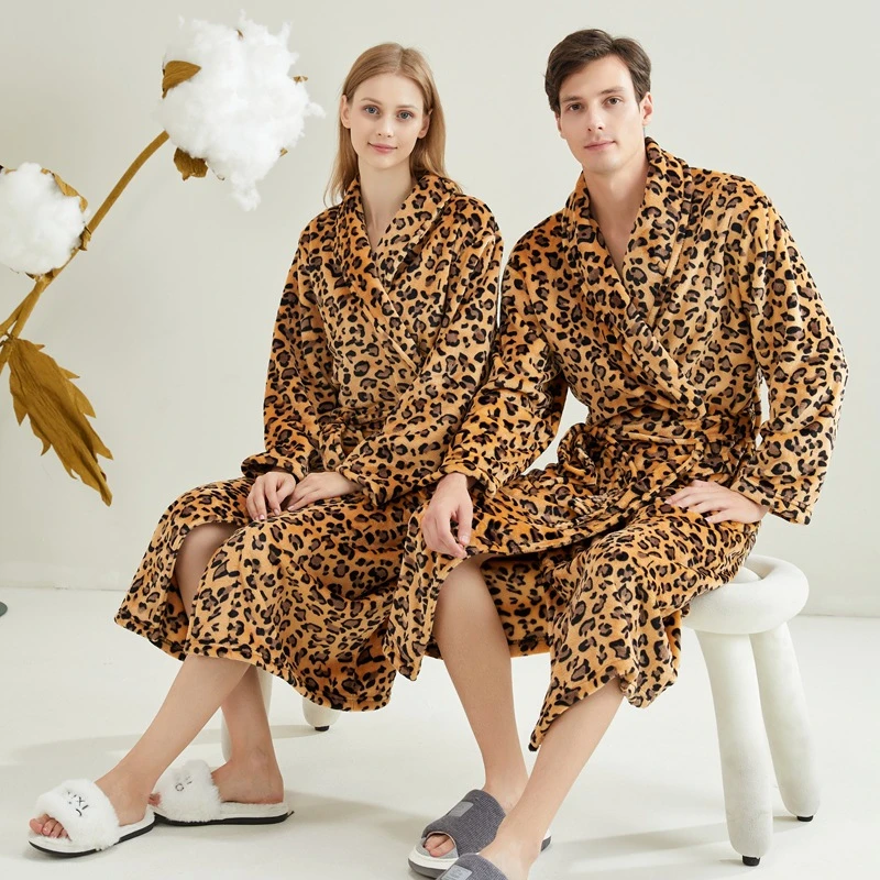Couples New Flannel Kimono Sleepwear Leopard Bath Robe Nightgown Autumn Winter Lapel Home Wear Pajamas Loungewear Nightwear