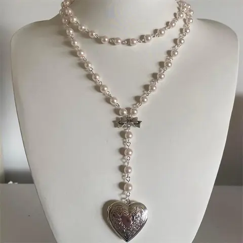 Handmade Pearl Heart-Shaped Small Box Pendant Beaded Chain Layered Necklace Rosary Choker Jewelry Christmas Gift for Women