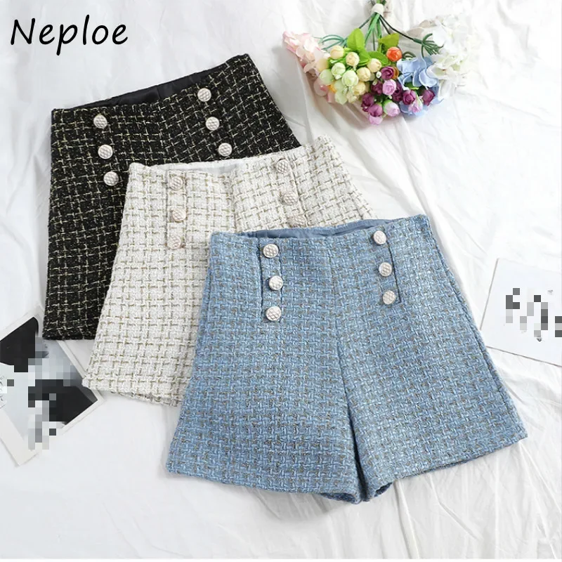 Neploe High Waist Shorts Women 2024 Autumn New Korean Double Breasted Plaid Causal Sweet Office Lady Wide Leg Shorts 82012