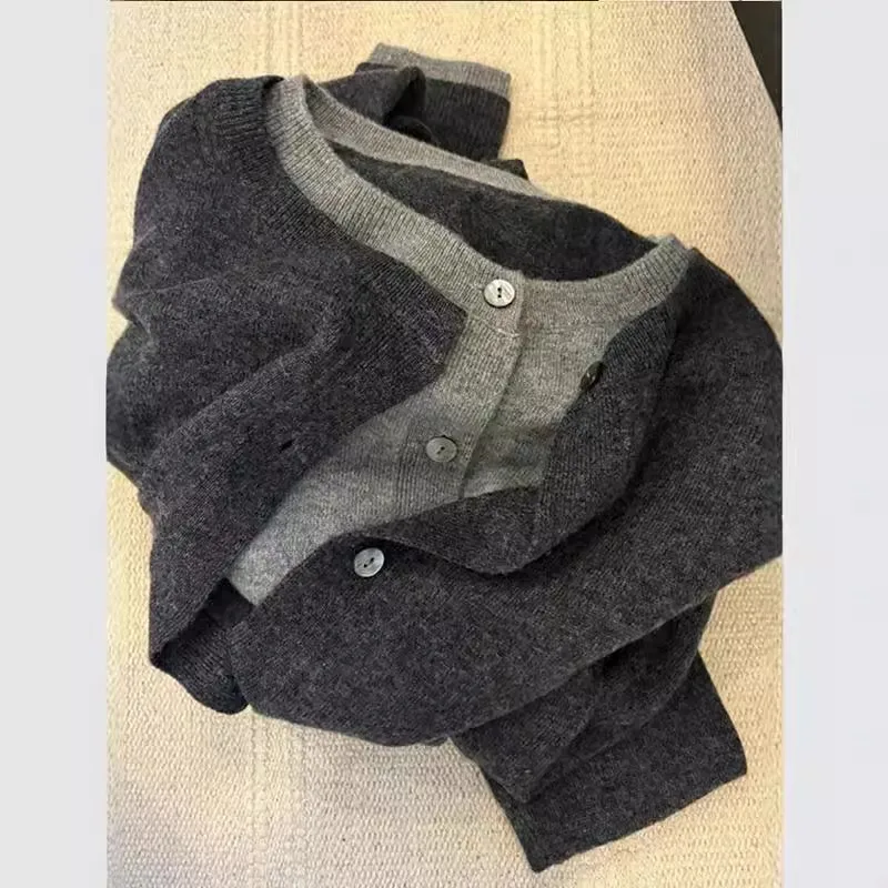 

Layered Sweater Coat Knitted Cardigan Women 2025 Autumn and Winter New Color-blocking Fake Two-piece Top
