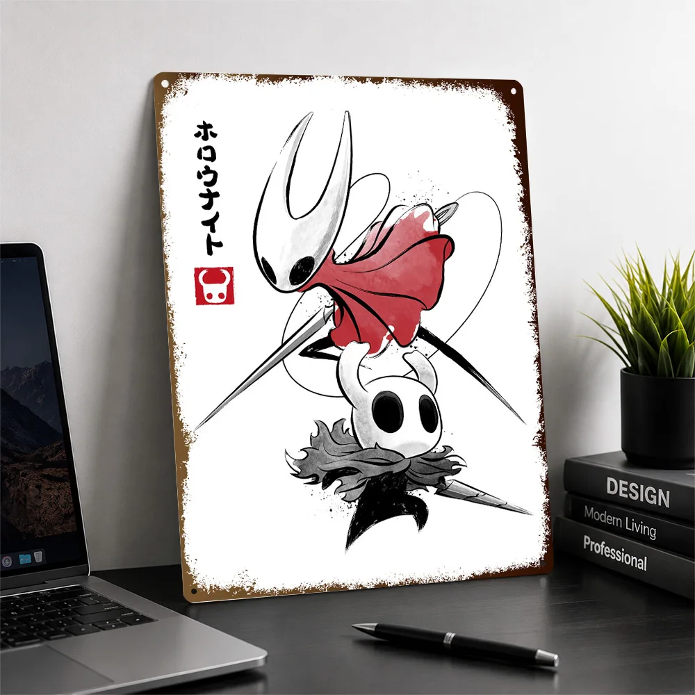 Hollow Knight And Hornet Textured Metal Poster Sumi E Wall Art For Entertainment Room Customized Aluminum Sign Birthday Gift