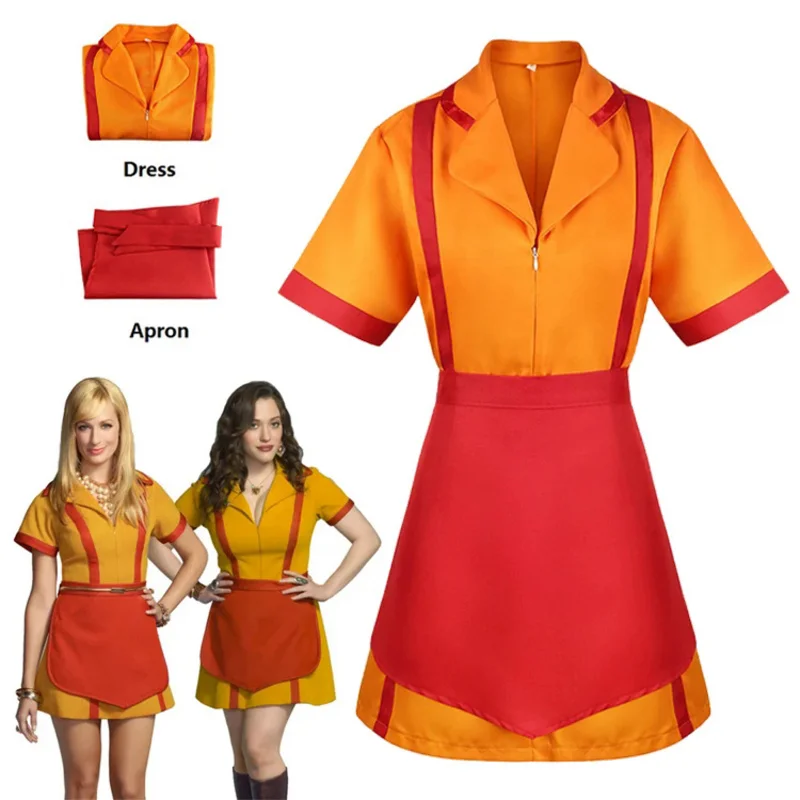 2 Broke Girls Cosplay Dress Costumes for Halloween Girl Party Wear Max Caroline Bar Waitress Maid Dress Cos with Apron