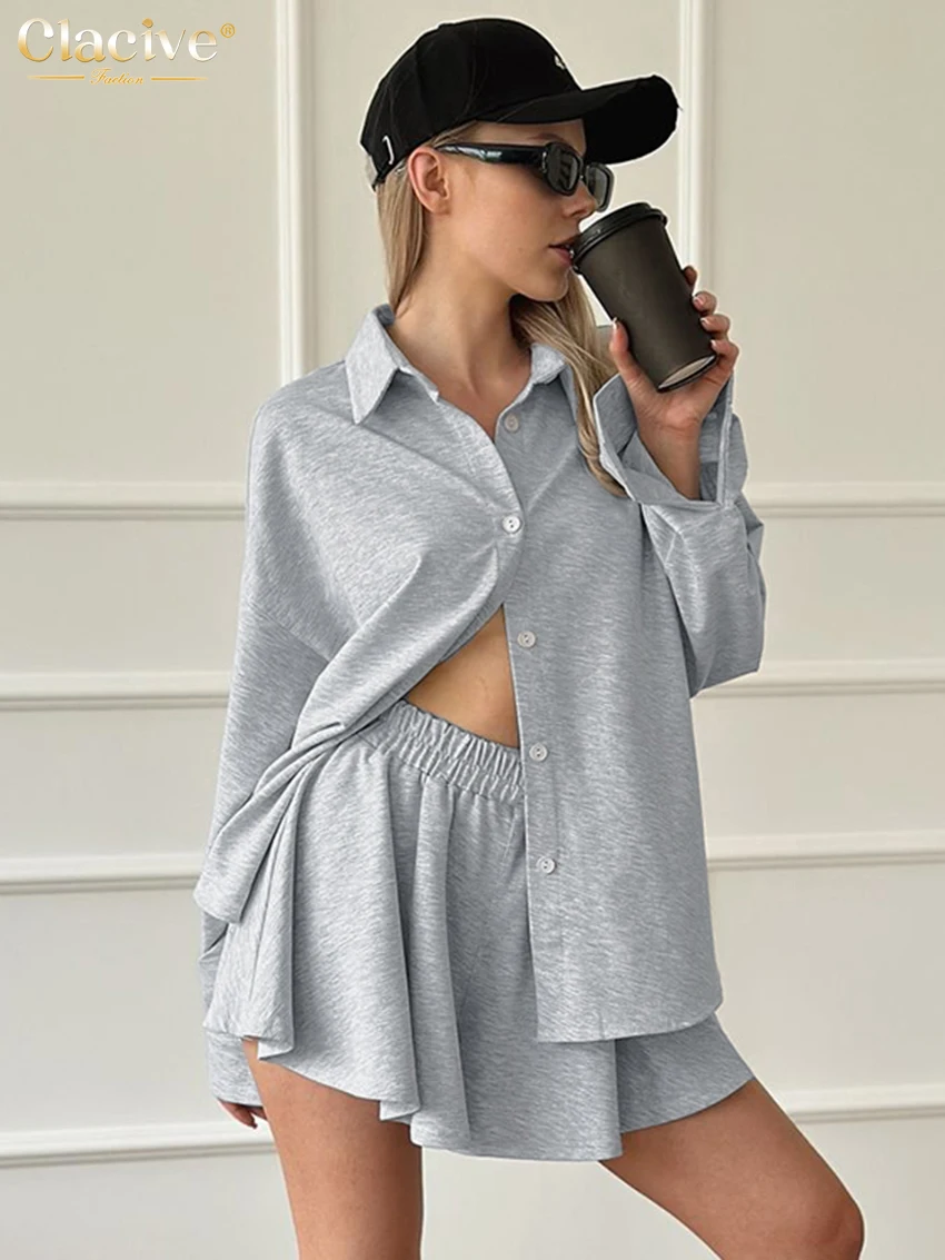 

Clacive Fashion Loose Gray Knitted Women's Two Pieces Set 2024 Casual Long Sleeve Shirt With High Waist Shorts Set Homewear