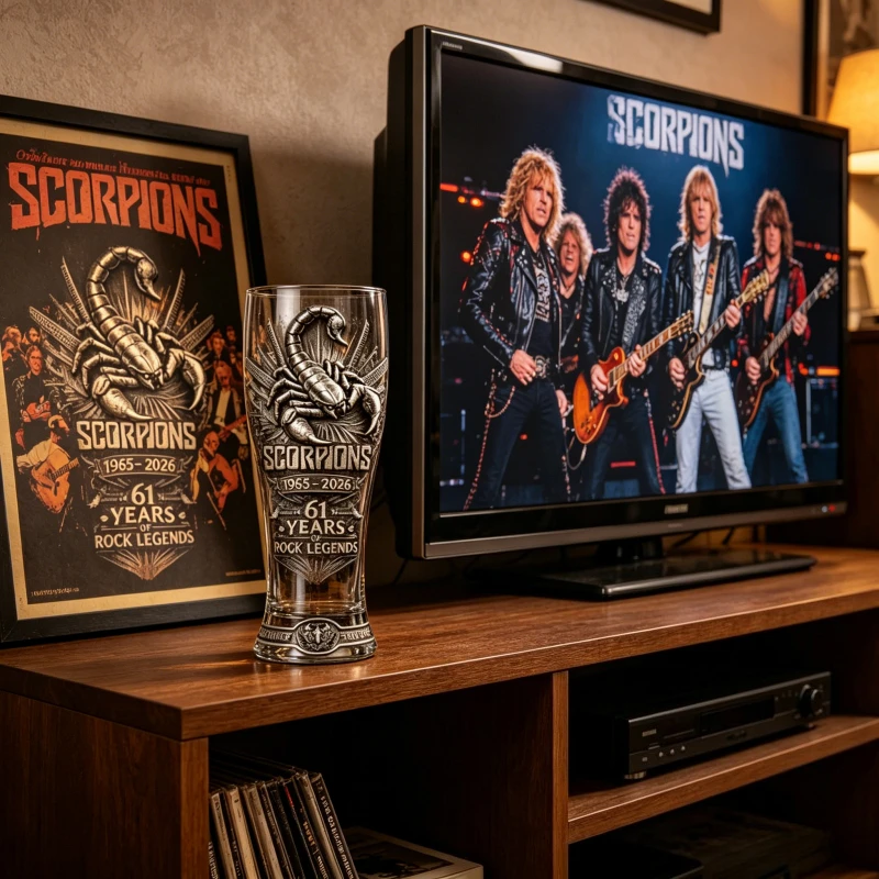 Vintage Scorpions Rock Legends 1965-2026 Beer Mug Embossed Glassware for Bar & Man Cave