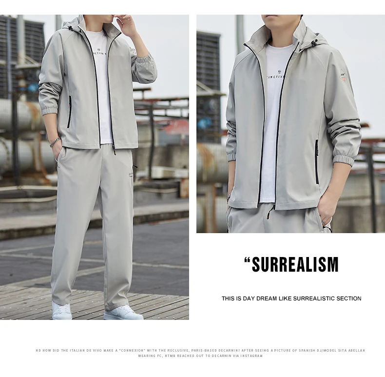 Men Black Hooded Tracksuit Full Zip Jacket Elastic Waist Pants Mesh Lined Casual Outdoor Sports Set