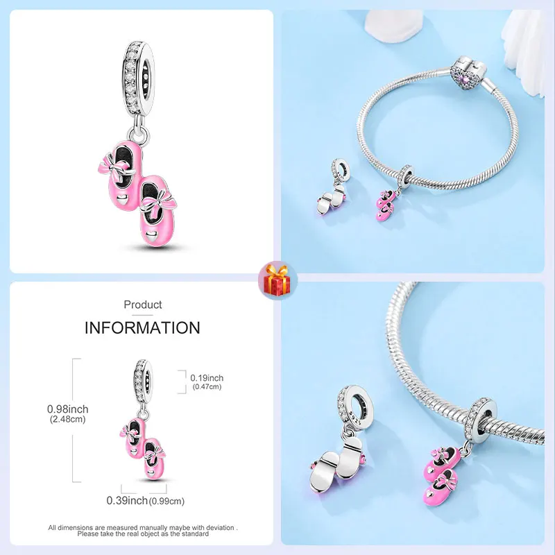 Travel Hobbies Beads 925 Sterling SilverPink Ribbon One Pair Girls Shoes bracelet charms for Women's Jewelry DIY Pulseras Gift