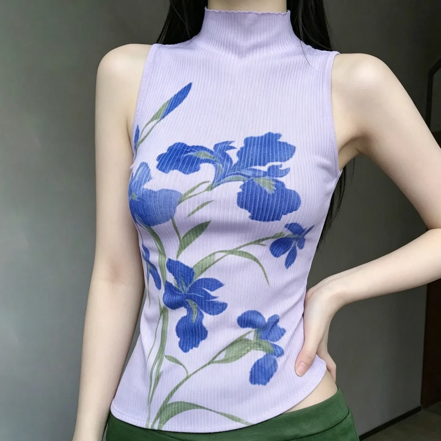 Women's Purple Chinese Style Print Camisole Turtleneck Sleeveless Tank Top Y2K Gyaru Elegant Slim Fit Cami Top for Women Summer