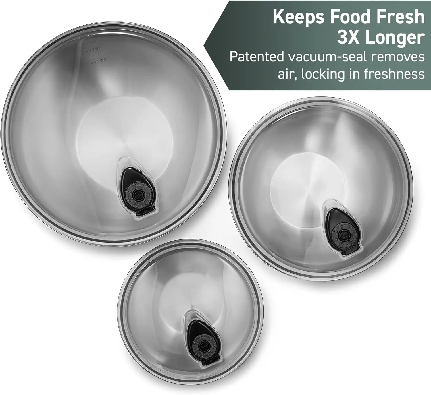 HexClad Stainless Steel Mixing Bowl Set, 3-Piece with Vacuum Seal Lids and Non-Slip Base, 1.3,3 and 5 Quarts