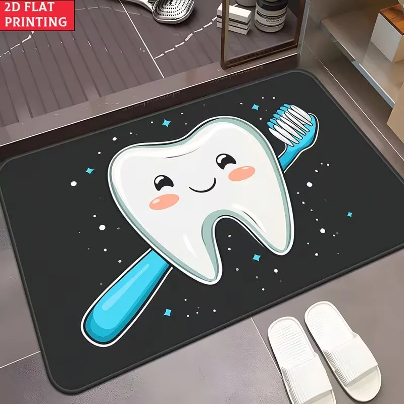 Cute Cartoon Tooth and Toothbrush Print Doormat Non Slip Floor Mat for Dentist Office Home Bathroom Decor