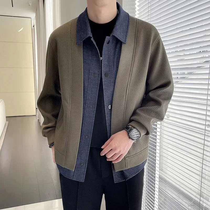 Male Fake Two-piece Stitching Color Coat Spring Autumn Fashion Loose Design Men Jacket Leisure Large Size Lapel Outwear 2024