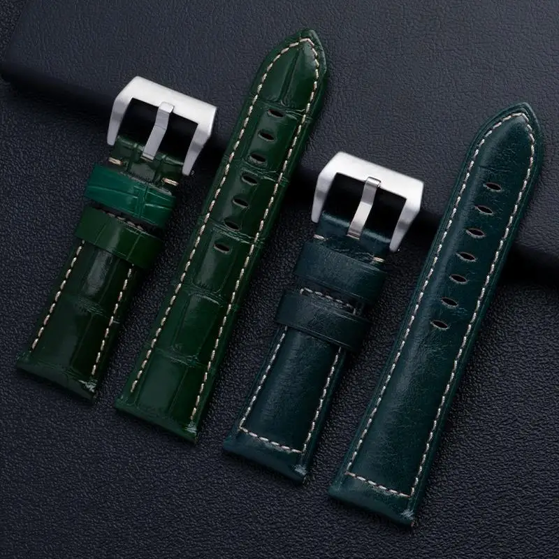 TINTAG Quality Genuine Bamboo Flat Green Leather Watchband 24mm 26mm Steel Pin Buckle Watch Band Accessories For Panerai Strap