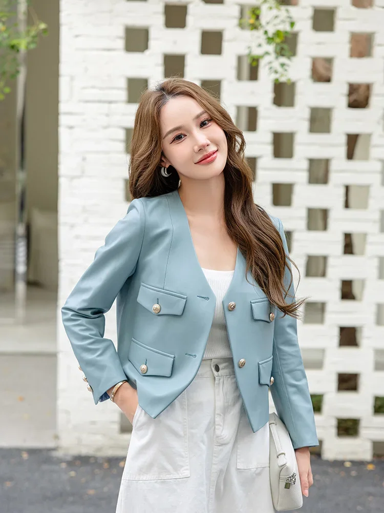 

Simple V-neck Genuine Leather Jackets for Women Spring Autumn 2026 New High-end Solid Soft Casual Short Real Sheepskin Coat