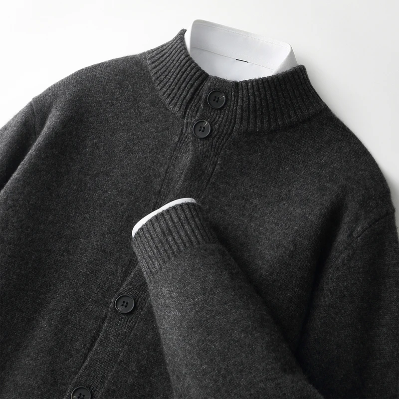 CHICUU 남성용 두꺼운 100% 울 가디건 스웨터 가을 겨울 모크넥 긴팔 캐시미어 니트웨어 스마트 캐주얼 기본 코트