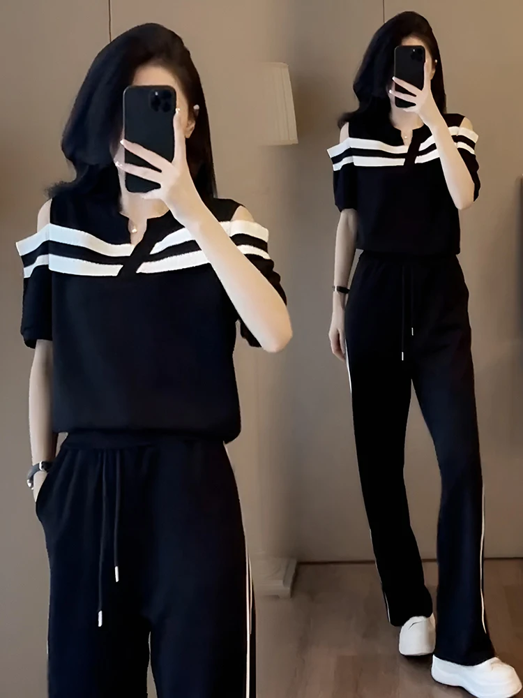 

Casual Sportswear Set Women's Summer 2025 New Unique oulder Bared Top Straight Leg Pants Two Piece Set High End Cotton V Ne