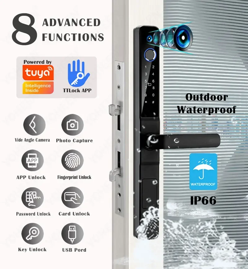 Security Apartment Hotel Home Digital Tuya Smart WiFi APP Remote Control Fingerprint Door Lock With Camera