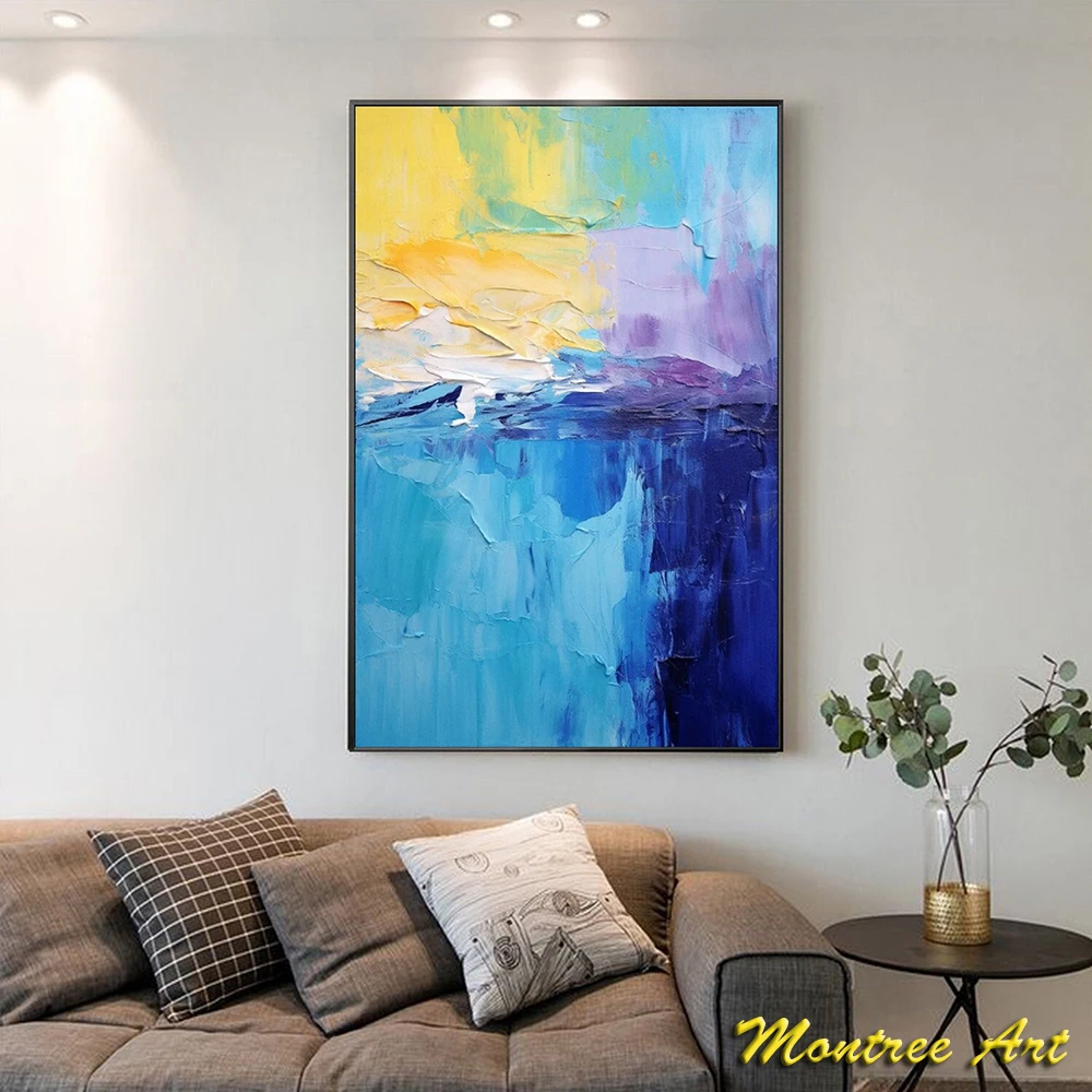 Hand Painted Oil Painting Gold Yellow Wall Painting Navy Blue Seascape Painting On Canvas Acrylic Painting Sunset Ocean Painting