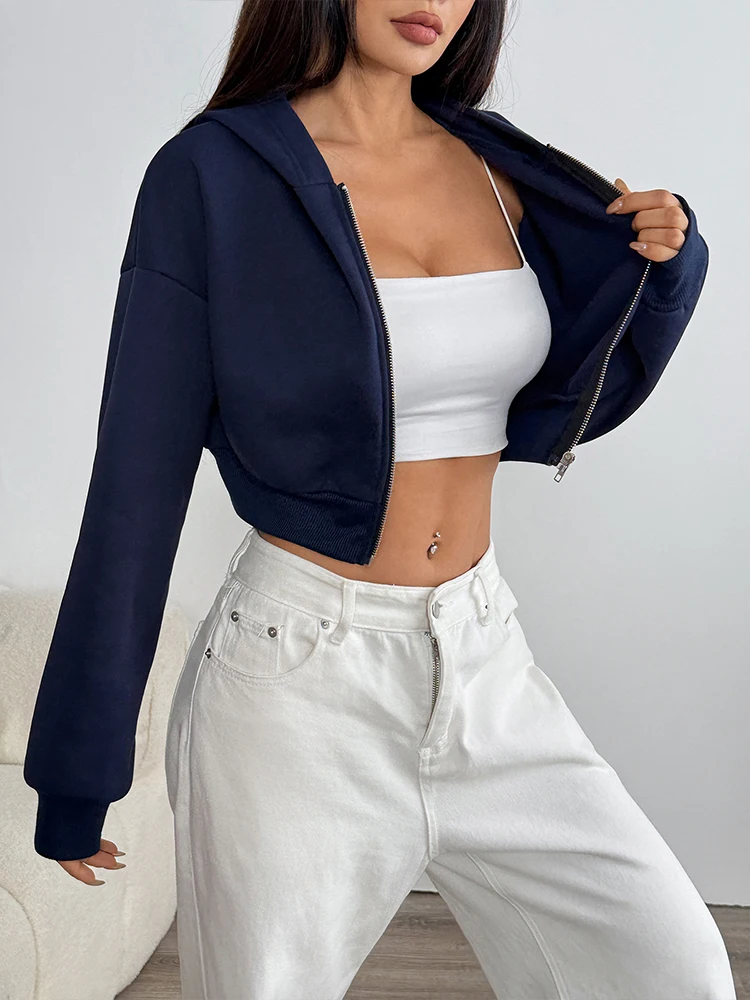 여성 후드티 가을 신상 스트리트웨어 패션 긴 소매 지퍼 캐주얼 슬림 다용도 후드티 크롭탑 여성 스포츠 코트 의류