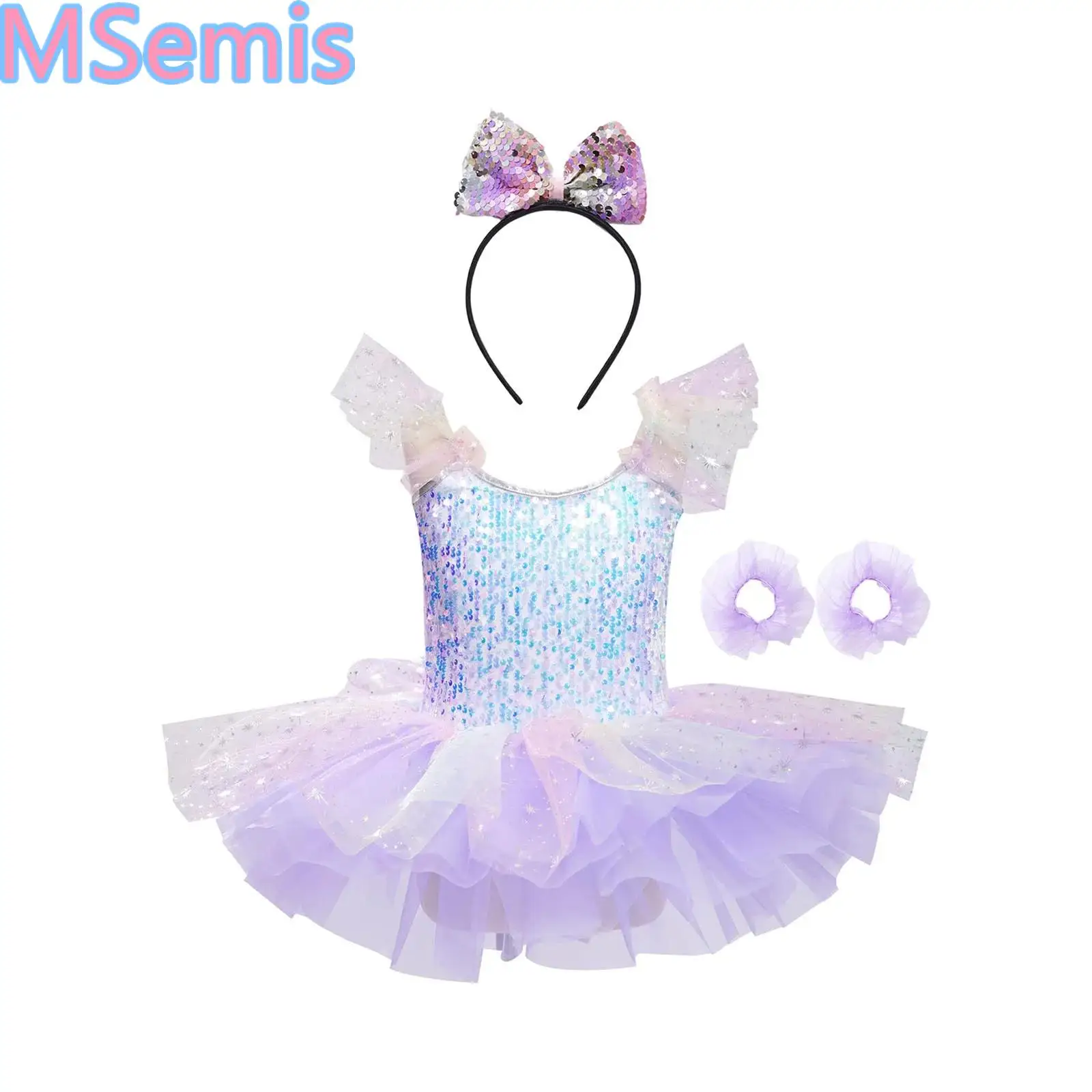 

Kids Girls Birthday Dance Dress Party Costume Glittery Sequins Tutu Dress with Bowknot Hairband And Tulle Wristbands