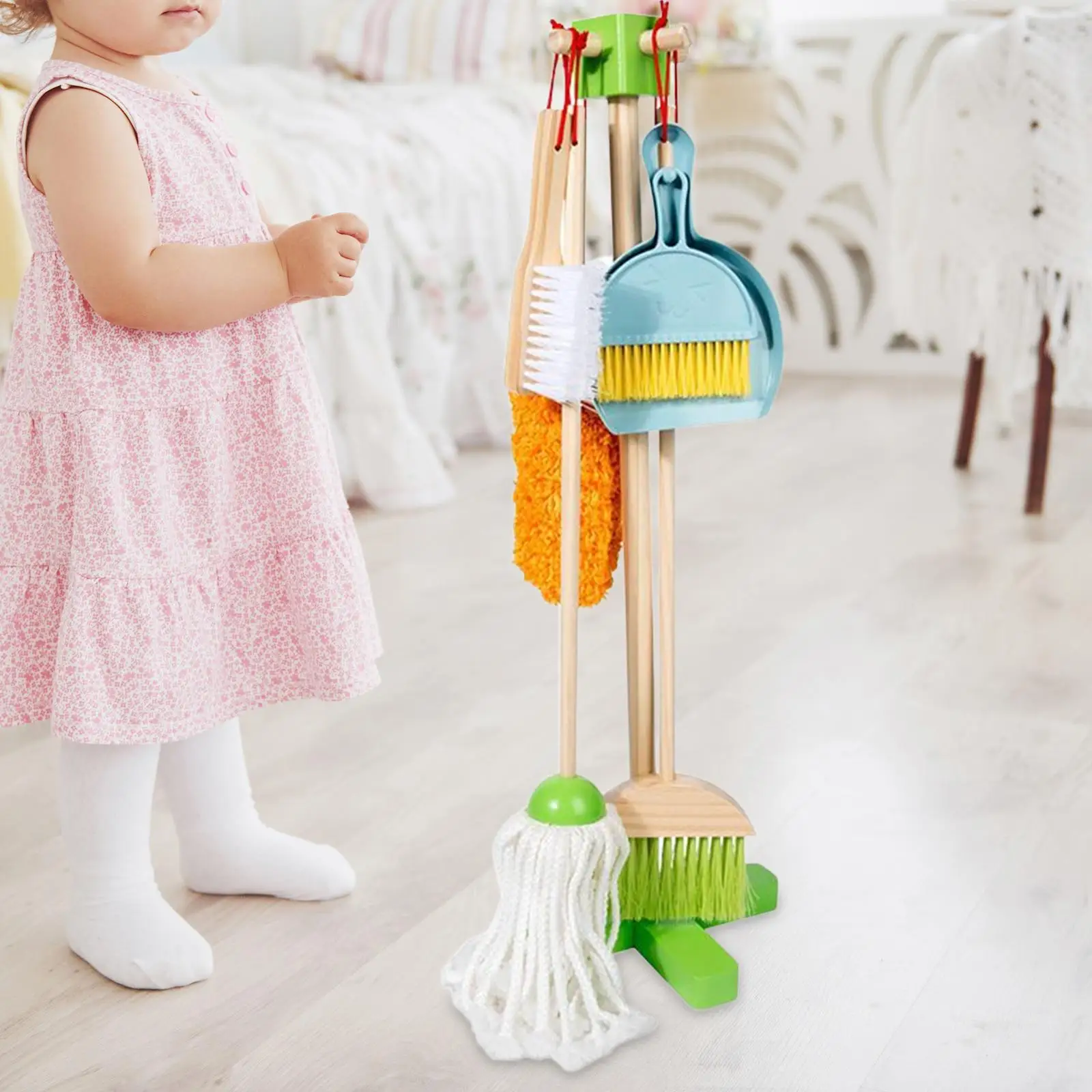 Zestaw do sprzątania dla dzieci, zabawka edukacyjna do zabawy w sprzątanie domu, miotła, mop, miotełka, szufelka, szczotka i stojak dla chłopców i dziewcząt.