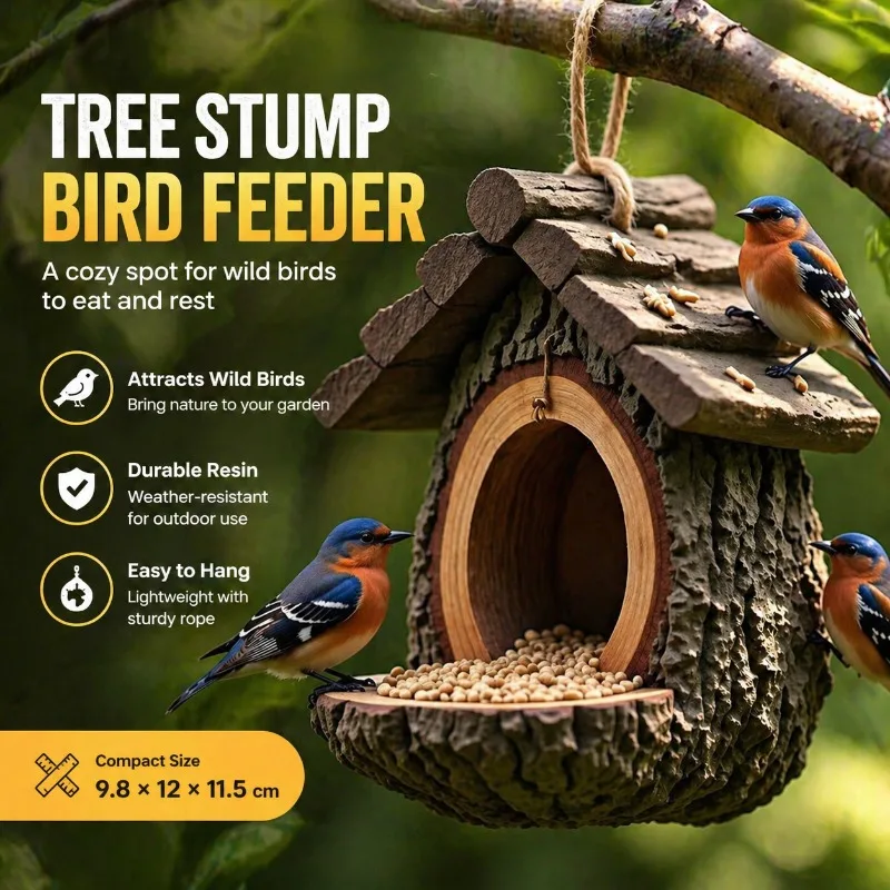 

Stump Shaped Bird Nest Feeder Resin Craft Ornament Yard Patio Hanging Decor Wild Feeding Garden Art Decoration Bird Supplies