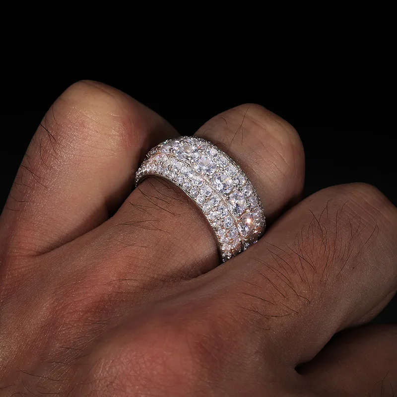 Moissanite S925 Sterling Silver Round Ring for Men Hip Hop Bling Iced Out Man Finger Rings Male Rapper Jewelry Gift