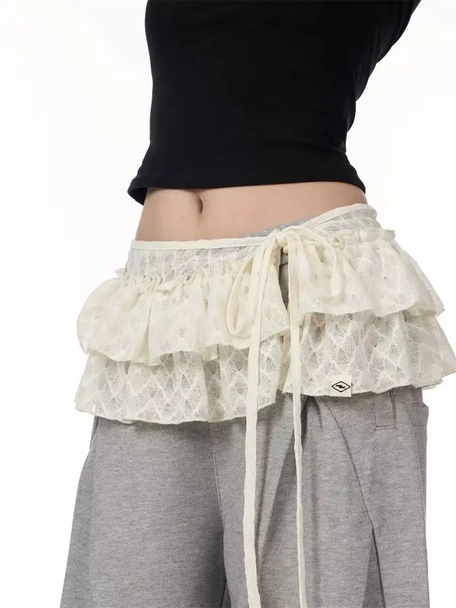 Ruffled Lace Tie Mini Skirt Y2K High Waist Solid Patchwork Pleated Skirts Korean Sweet Preppy All Match Cake Layered Skirts