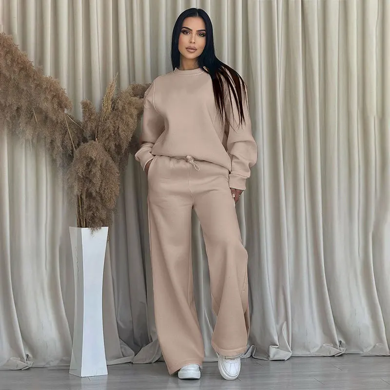 Autumn and winter new solid color round collar long sleeve loose women's fashion casual wide leg pants two piece suit pant sets - Image 4