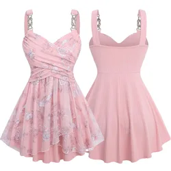 Plus Size Tank Top Light Pink Women's Summer Flower Print Embroidery Mesh Ruched Chains Surplice Ribbed Textured Vest