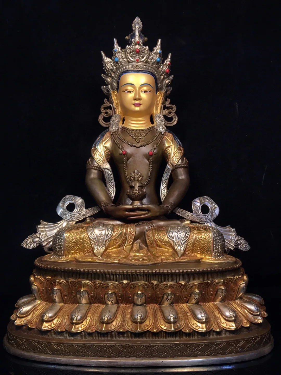 

Pure copper painted inlaid with precious stones Tibetan gilt silver longevity Buddha Tara Guanyin statue home Buddhist hall orna