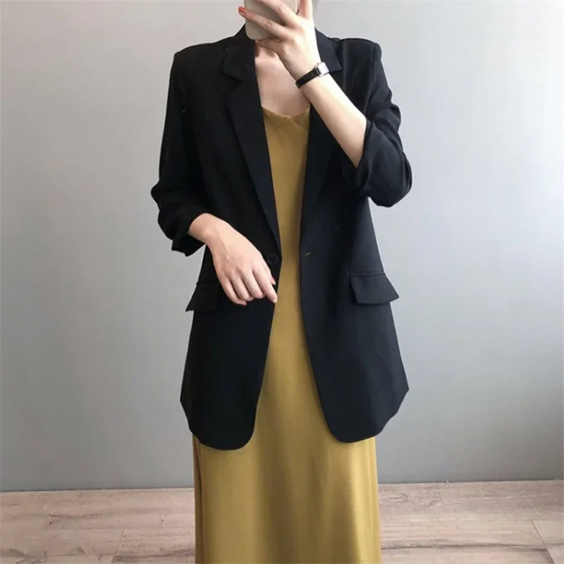 Chiffon Suit Coat Women's 2024 Summer New Korean Loose White Thin Long Blazers Jacket Solid Color Sunscreen Shirt Women Blazer