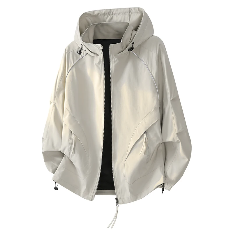 Plus Size Men Reflective Stripe Hooded Jacket Drawstring Hood Full‑Zip Windproof Lightweight Zipper Pockets Streetwear Hiking Ou