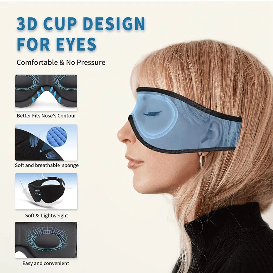 Bluetooth Sleeping Headphones Noise Cancelling3D Eye Mask Wireless Air Travel Headbands Soft Elastic Comfortable Music Earphones view 2