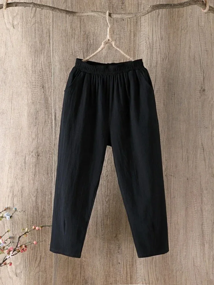 Pantaloni Harem da donna in cotone e lino di grandi dimensioni Pantaloni casual larghi in vita elastica Tinta unita Primavera Estate