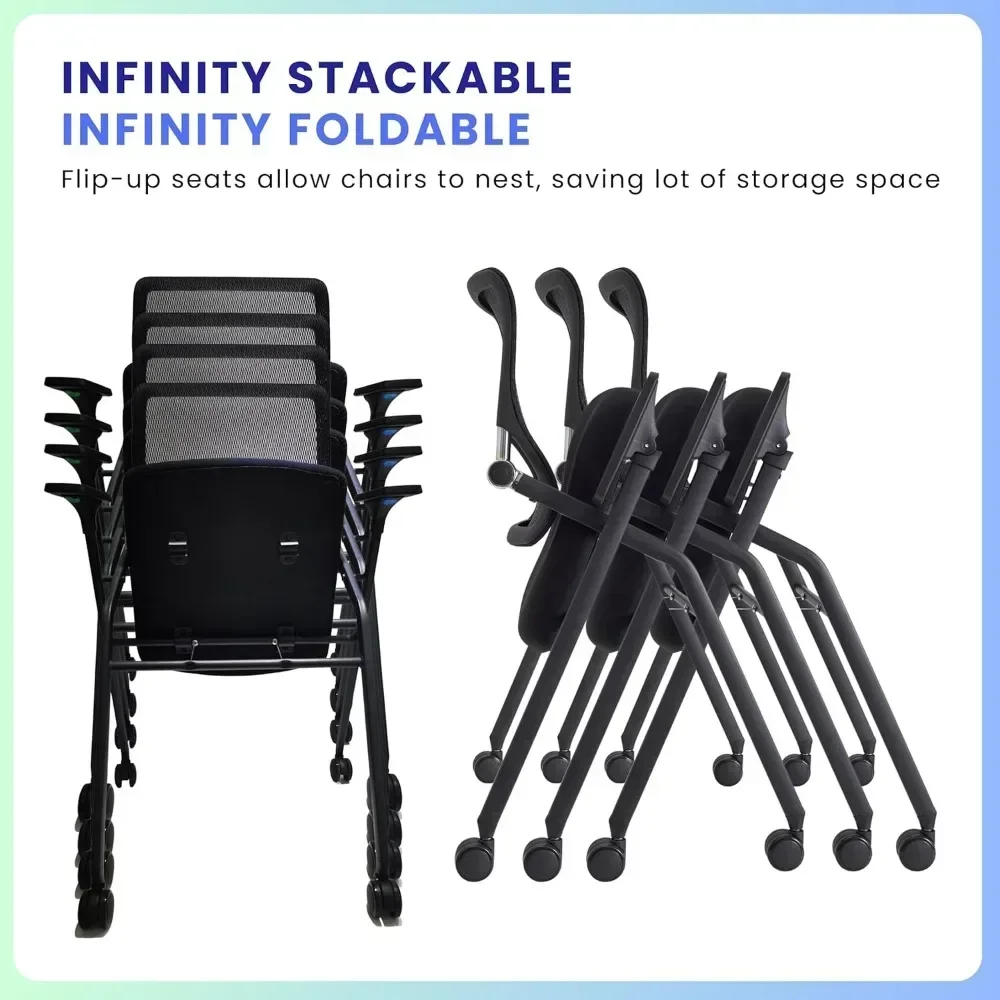 Stackable & Foldable Conference Room Chairs with 2X Thick Cushion, Lumbar Support, Armrest - Mesh Bouncing Back