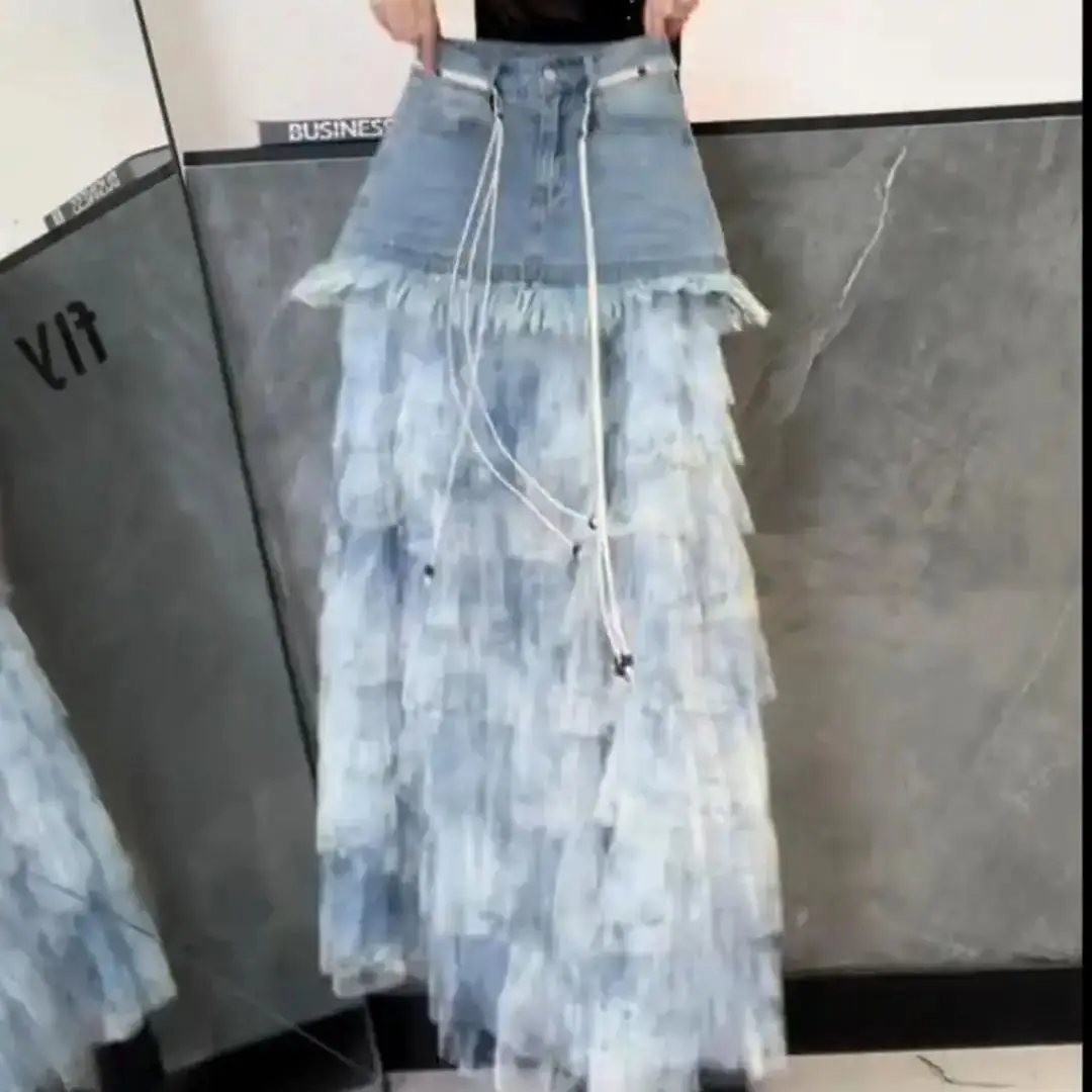 Blue Tie-Dye Denim Spliced ​​Skirt Women Summer New Fashionable Cake Skirt Versatile Fashionable Slim A-Line Skirt