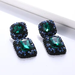 New Exaggerated Chunky Deep Green Blue Red Square Crystal Pendant Earrings for Women Jewelry Wholesale