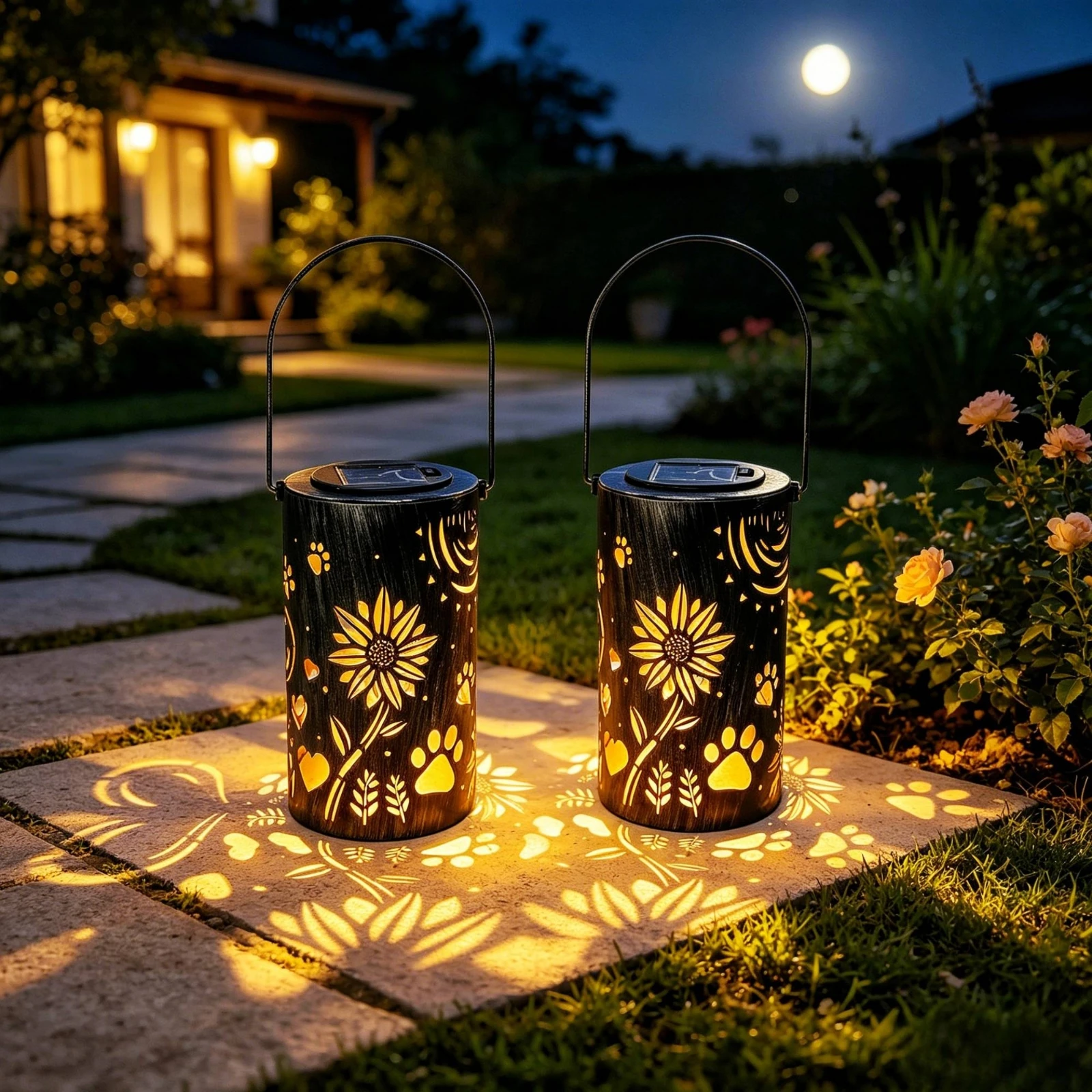 Solar Lantern with Handle Decorative Solar Lantern Patterned Cylindrical for Patio, Yard