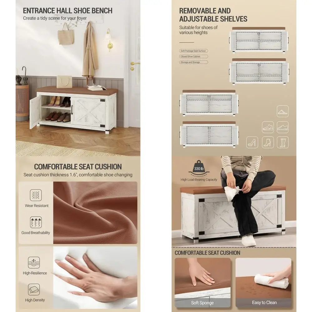 

2-Tier Padded Shoe Storage Bench with Barn Doors, Adjustable Shelf, Antique White Entryway Cabinet for Home