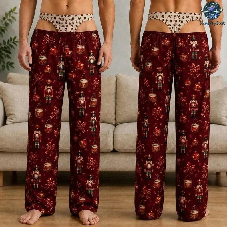 2026 new hot selling funny men's Christmas pajamas, nutcracker Christmas ball print, loose wide pants for family gatherings